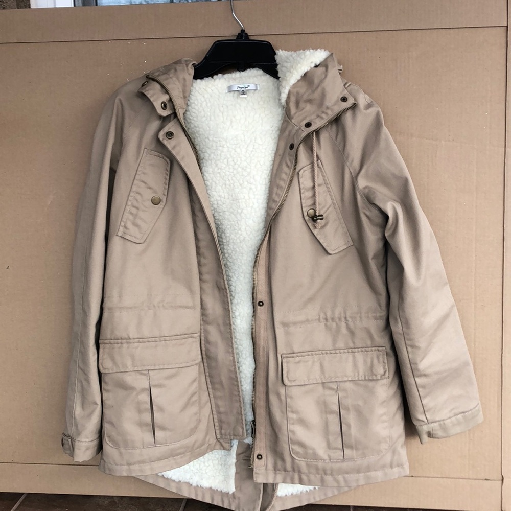 Khaki colored jacket with fleece lining